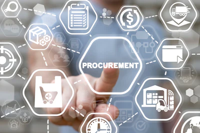 Digital procurement network diagram with interconnected hexagonal icons showing supply chain management processes and business operations