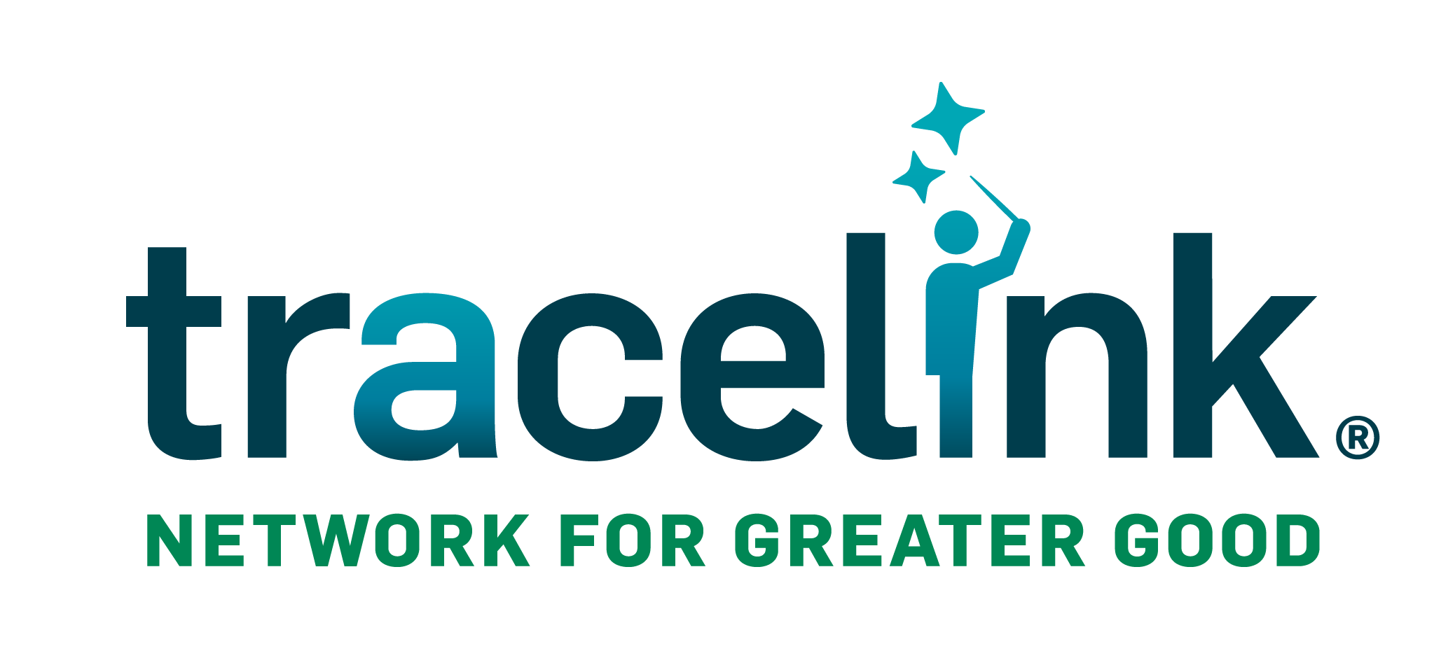 TraceLink logo with tagline Network for Greater Good, featuring teal text and icon of person with stars