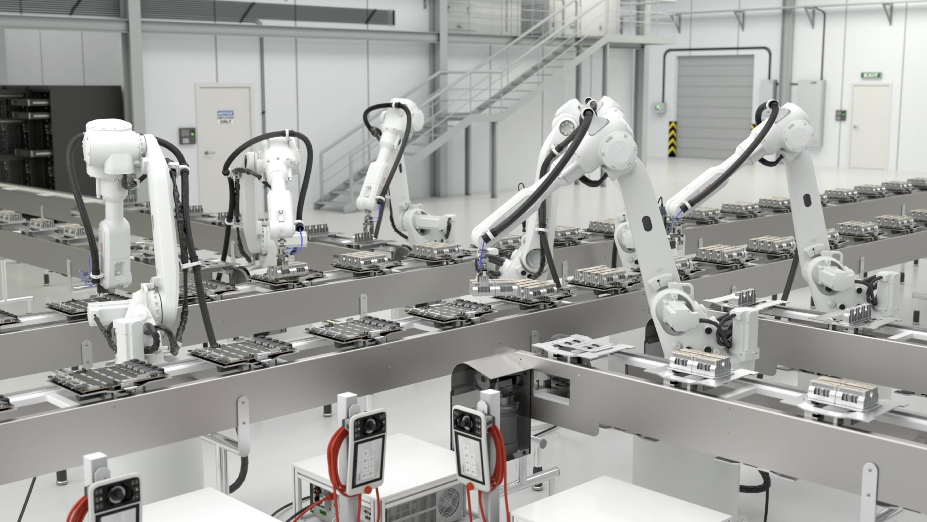 Industrial robotic assembly line with white mechanical arms processing components on a production conveyor in a modern factory facility.