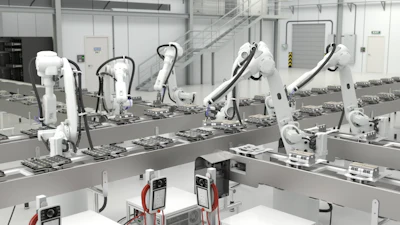 Industrial robotic assembly line with white mechanical arms processing components on a production conveyor in a modern factory facility.