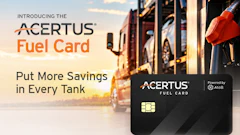 Acertus Fuel Card advertisement featuring black payment card with sunset truck scene and gas pump nozzle