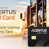 Acertus Fuel Card advertisement featuring black payment card with sunset truck scene and gas pump nozzle