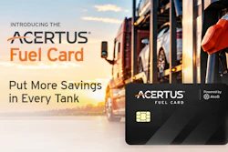 Acertus Fuel Card advertisement featuring black payment card with sunset truck scene and gas pump nozzle