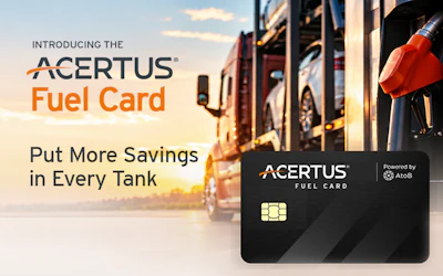 Acertus Fuel Card advertisement featuring black payment card with sunset truck scene and gas pump nozzle