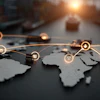 Global supply chain network visualization with glowing icons connected across world map showing logistics and commerce connectivity