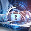 Digital security concept with glowing padlock and keyhole overlay on laptop keyboard with blue data visualization elements