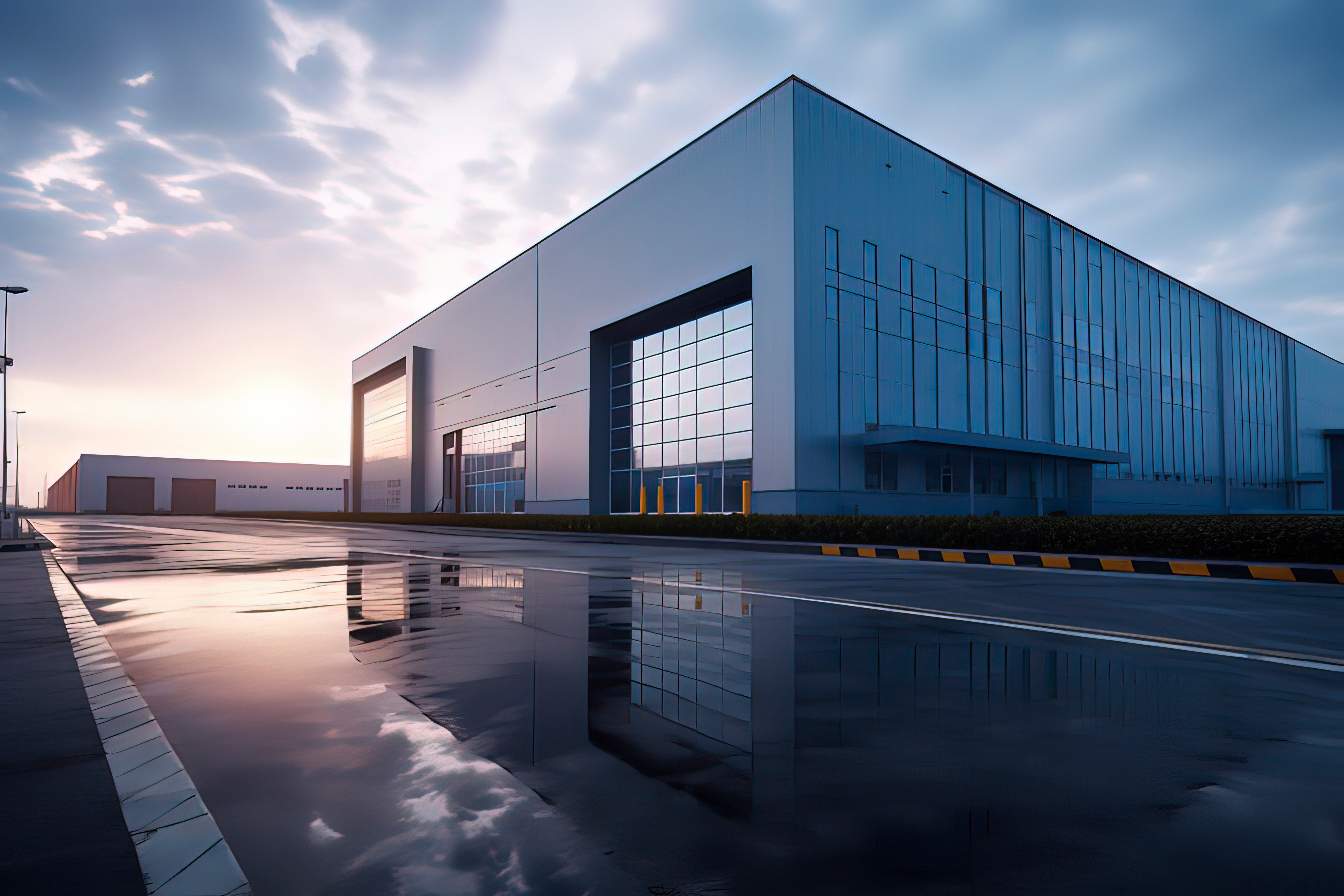Modern industrial warehouse building with glass and metal facade reflecting in wet pavement at dusk