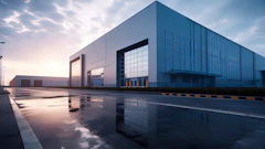 Modern industrial warehouse with reflective wet ground and dramatic cloudy sky at dusk