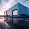 Modern industrial warehouse with reflective wet ground and dramatic cloudy sky at dusk