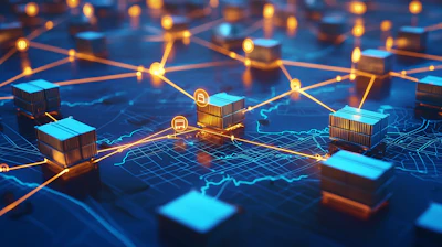 3D digital illustration of interconnected shipping containers and glowing network nodes representing global supply chain and logistics connectivity