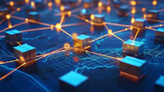 3D digital network visualization showing interconnected shipping containers and glowing nodes on a blue circuit board background representing global logistics connectivity