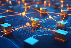 Digital supply chain network visualization with glowing shipping containers connected by illuminated lines on blue grid background