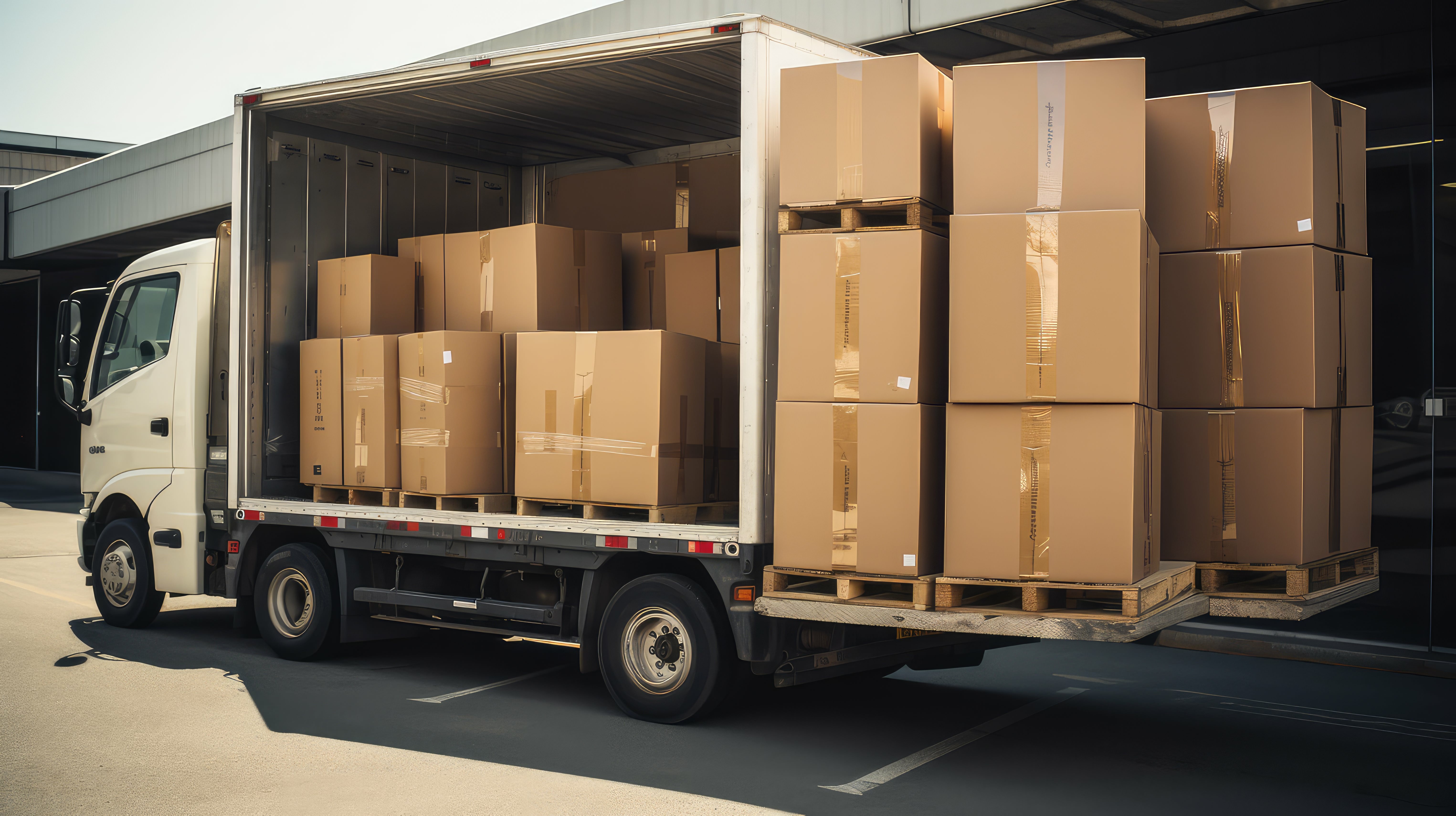 White delivery truck loaded with stacked cardboard boxes on wooden pallets in warehouse setting