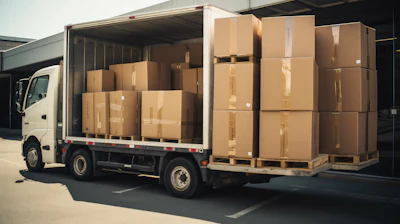 White delivery truck loaded with stacked cardboard boxes on wooden pallets in warehouse setting