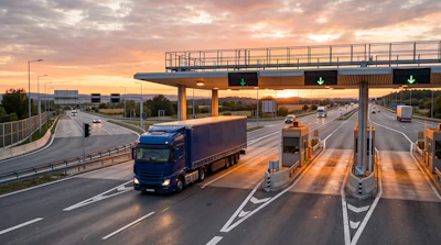 Trucks passing through highway toll booths at sunset with overpass and multiple lanes