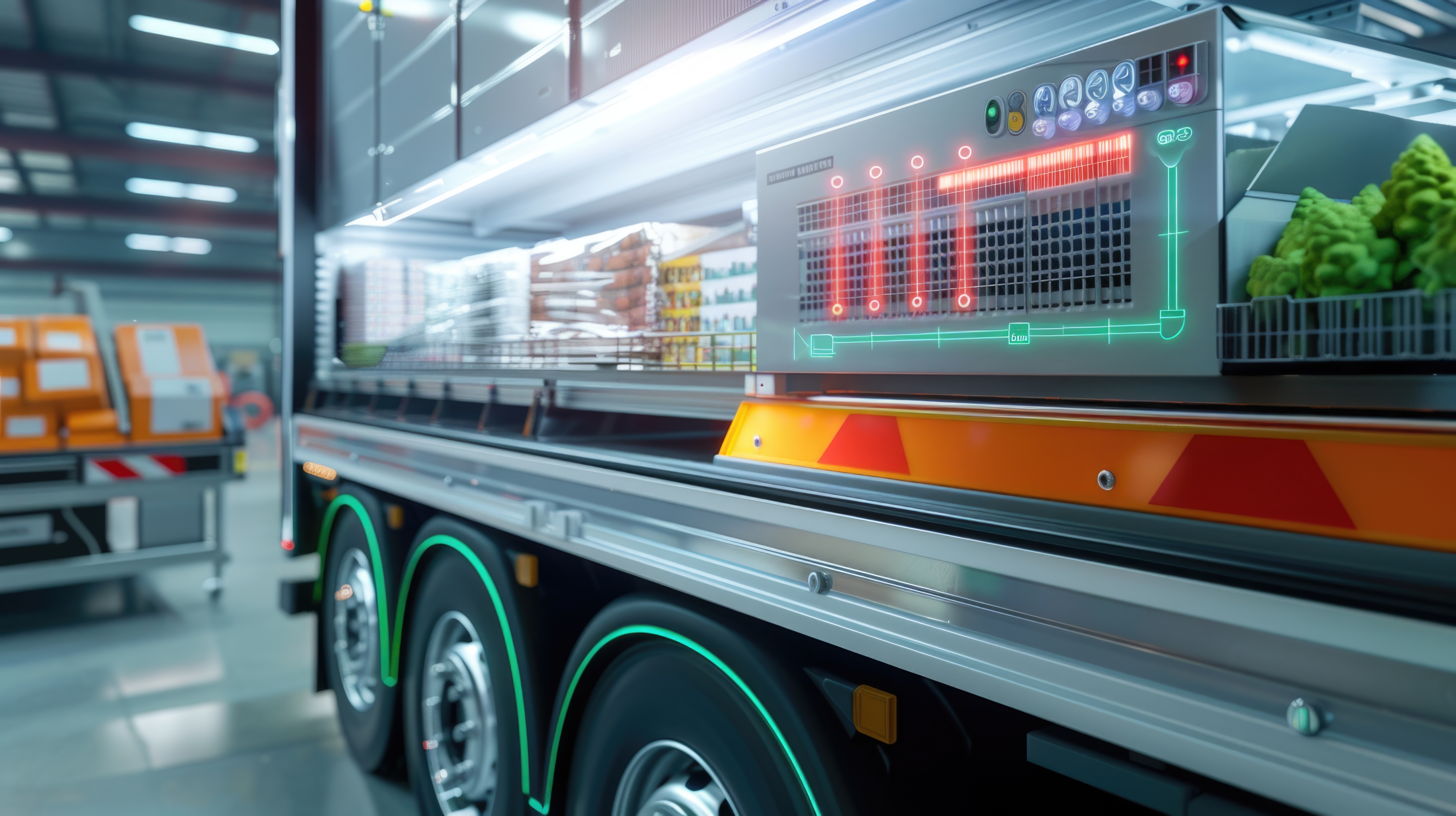 Futuristic food truck with digital display and green neon accents in modern warehouse