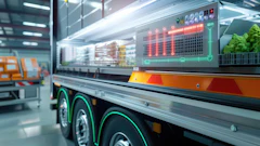 Futuristic food truck with digital display and green neon accents in modern warehouse