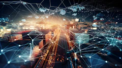 Futuristic smart city logistics hub with interconnected shipping containers and digital network visualization overlaid in blue and orange tones