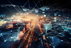 Futuristic smart city logistics hub with interconnected shipping containers and digital network visualization overlaid in blue and orange tones