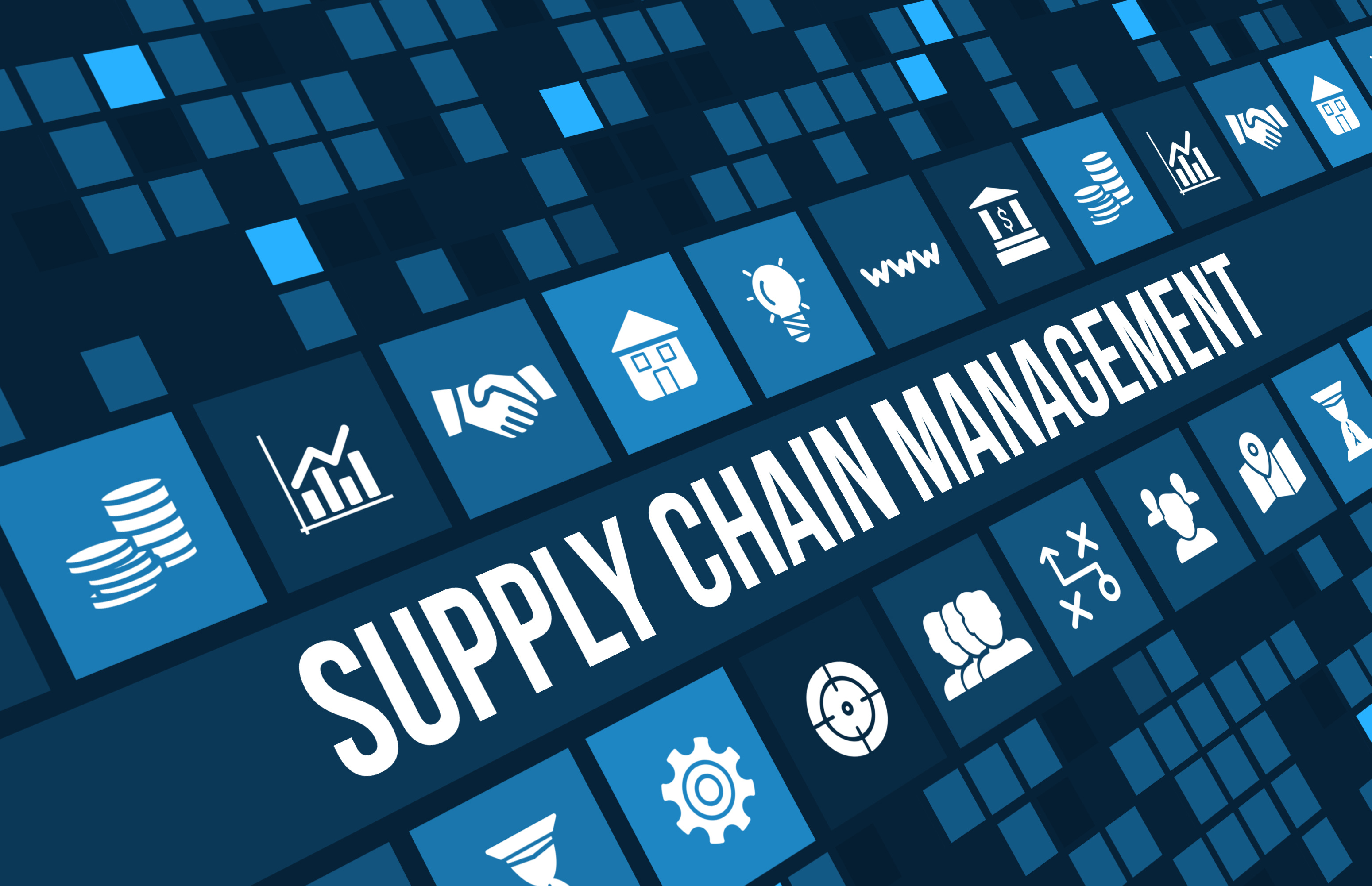 Supply chain management concept with business icons on digital blue grid background