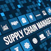 Supply chain management concept with business icons on digital blue grid background