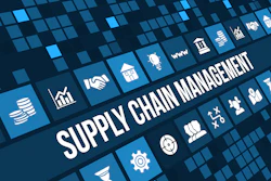 Supply chain management concept with business icons on digital blue grid background