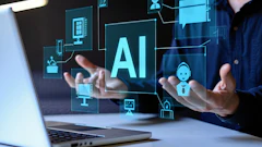 Professional demonstrating AI technology with holographic interface icons including chatbot, security, and computing symbols on laptop