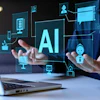 Professional demonstrating AI technology with holographic interface icons including chatbot, security, and computing symbols on laptop