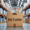 Cardboard return box in warehouse aisle with blue and orange shelving