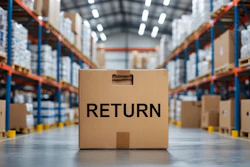 Cardboard return box in warehouse aisle with blue and orange shelving