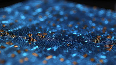 Abstract blue and orange digital particles flowing across circuit board lines with shallow depth of field effect
