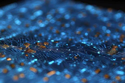 Abstract digital visualization with blue and orange particles flowing across circuit board patterns on dark background