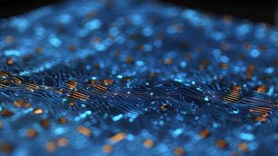 Abstract digital visualization with blue and orange particles flowing across circuit board patterns on dark background