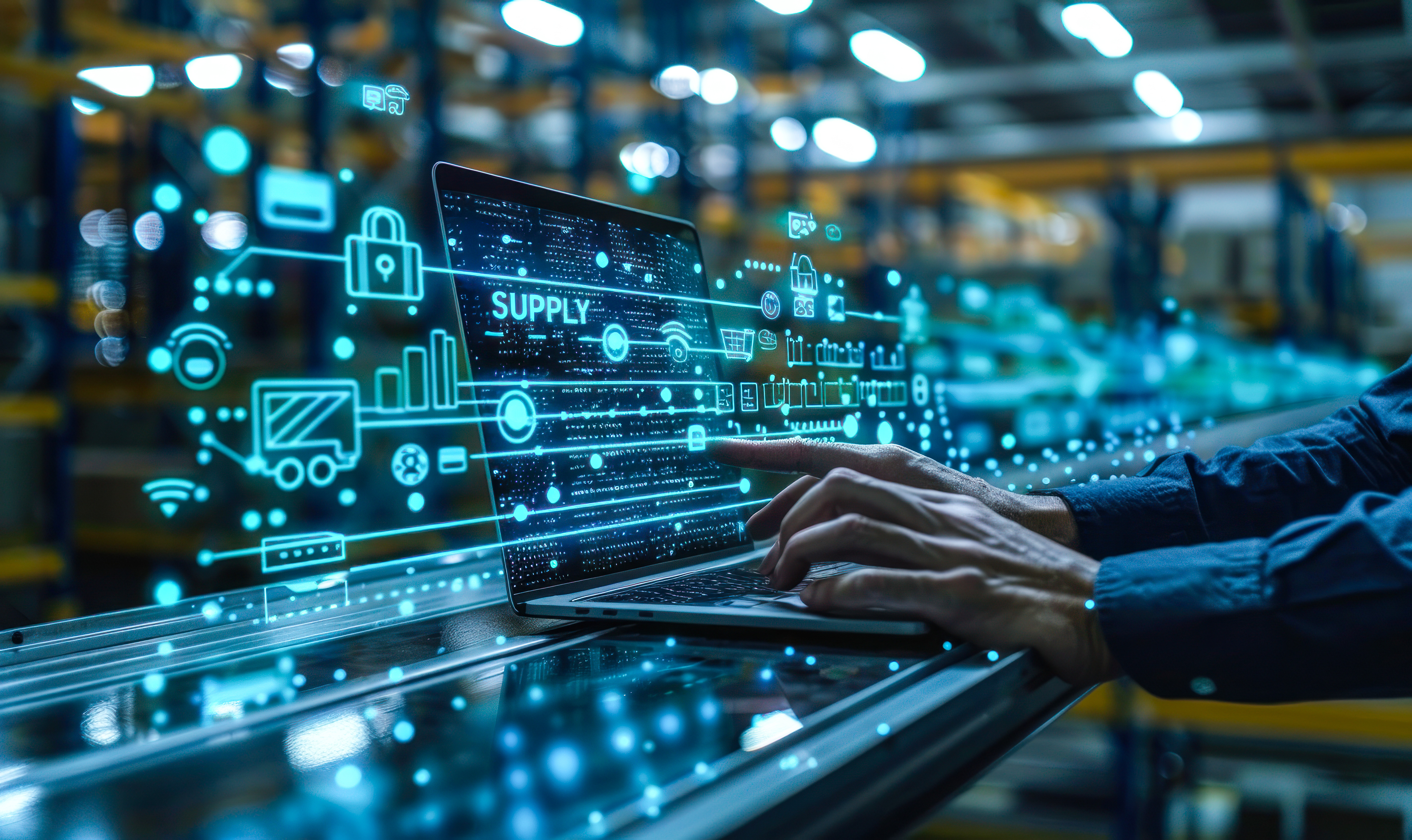Digital supply chain management visualization with neon icons displayed on laptop screen in warehouse setting
