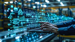 Digital supply chain management visualization with neon icons displayed on laptop screen in warehouse setting