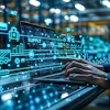 Digital supply chain management visualization with neon icons displayed on laptop screen in warehouse setting