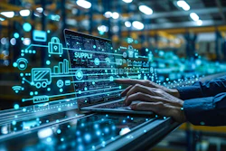Digital supply chain management visualization with neon icons displayed on laptop screen in warehouse setting