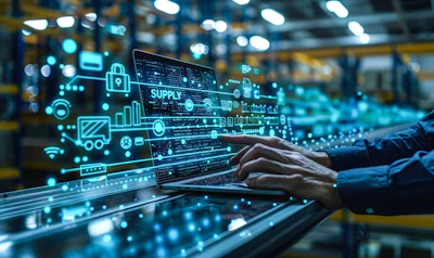 Digital supply chain management visualization with neon icons displayed on laptop screen in warehouse setting