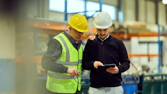 Two workers in hard hats reviewing data on a tablet in an industrial warehouse facility