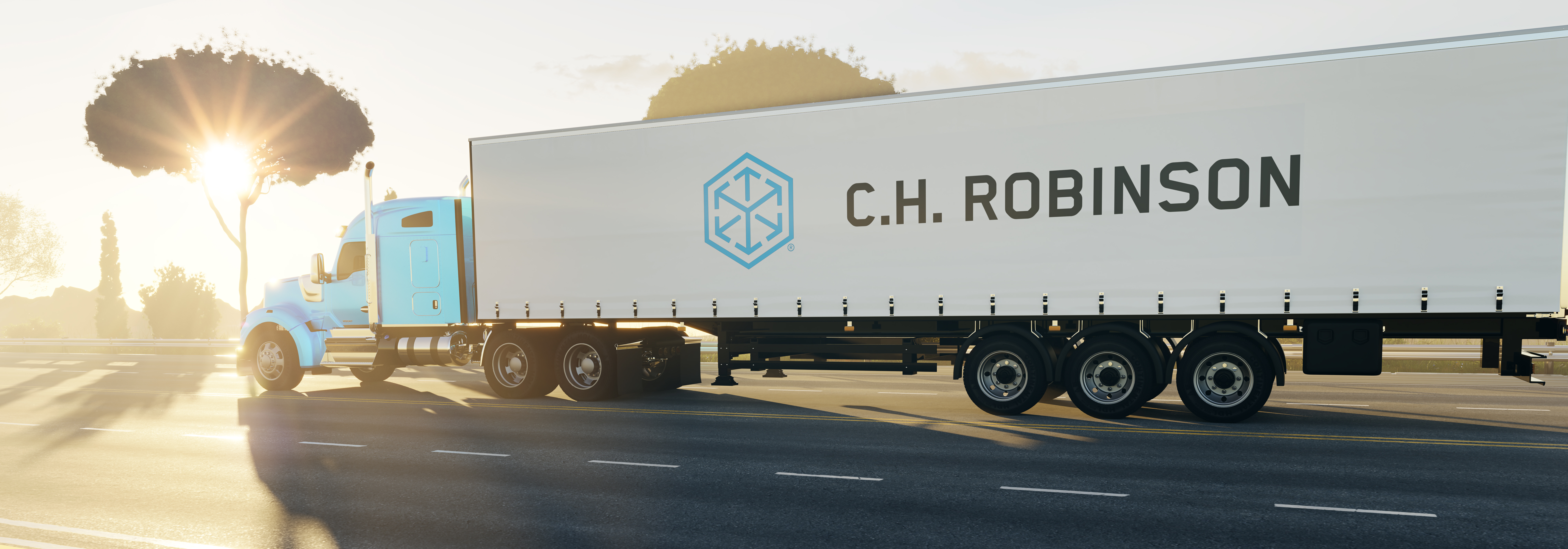 C.H. Robinson refrigerated truck traveling on highway at sunset with trees in background
