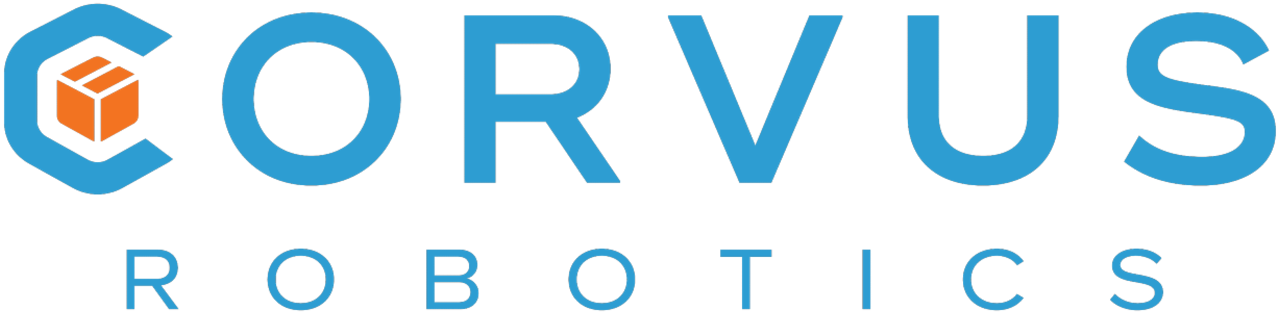 Corvus Robotics logo with blue text and orange geometric cube icon