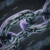 Abstract digital chains with purple glow and binary code overlay on dark background representing blockchain or cryptocurrency technology