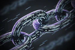 Abstract digital chains with purple glow and binary code overlay on dark background representing blockchain or cryptocurrency technology