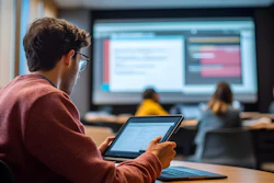 Student holding tablet in classroom watching presentation on large screen with peers seated at table