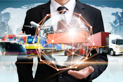 Businessman managing global logistics network with cargo ship, train, and truck connected by glowing digital lines