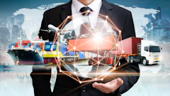 Businessman holding global logistics network with cargo ship, train, and delivery truck connected by glowing digital lines