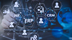 Digital illustration of interconnected enterprise systems showing HR, ERP, and CRM modules with user icons and network connections on a blue tech background