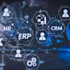 Digital illustration of interconnected enterprise systems showing HR, ERP, and CRM modules with user icons and network connections on a blue tech background
