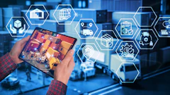 Person holding tablet showing warehouse logistics with hexagonal supply chain icons representing inventory, shipping, and analytics operations