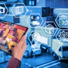 Person holding tablet showing warehouse logistics with hexagonal supply chain icons representing inventory, shipping, and analytics operations